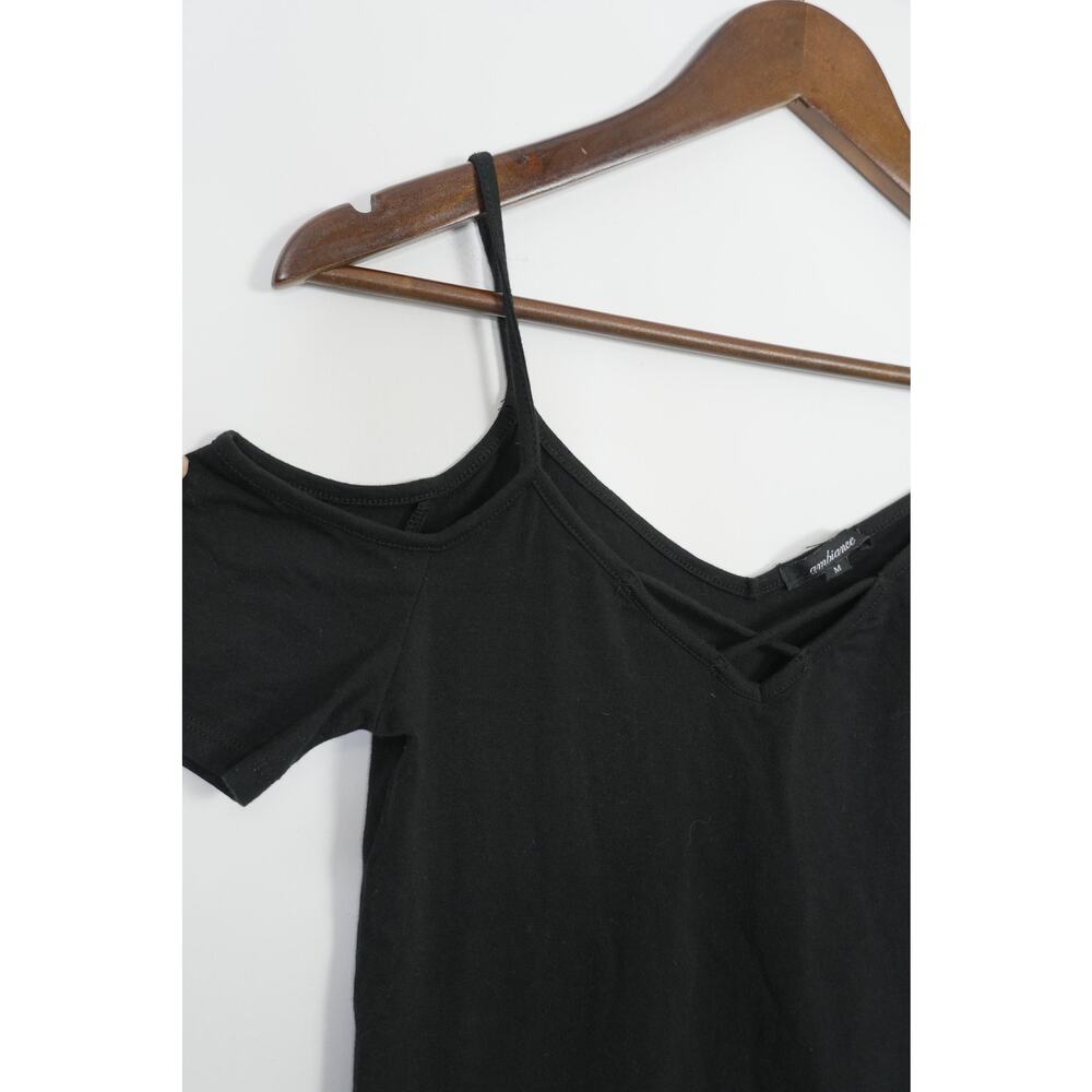 Ambiance Cold Shoulder Top Kids Medium Black Lattice V-Neck Strappy Tee - Picture 2 of 4